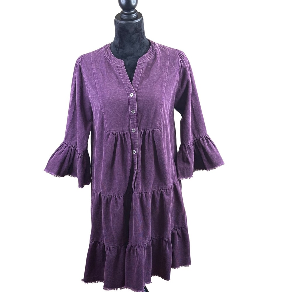 Umgee Purple Corduroy Tiered Babydoll Dress Bell Sleeve Frayed Hem Medium
